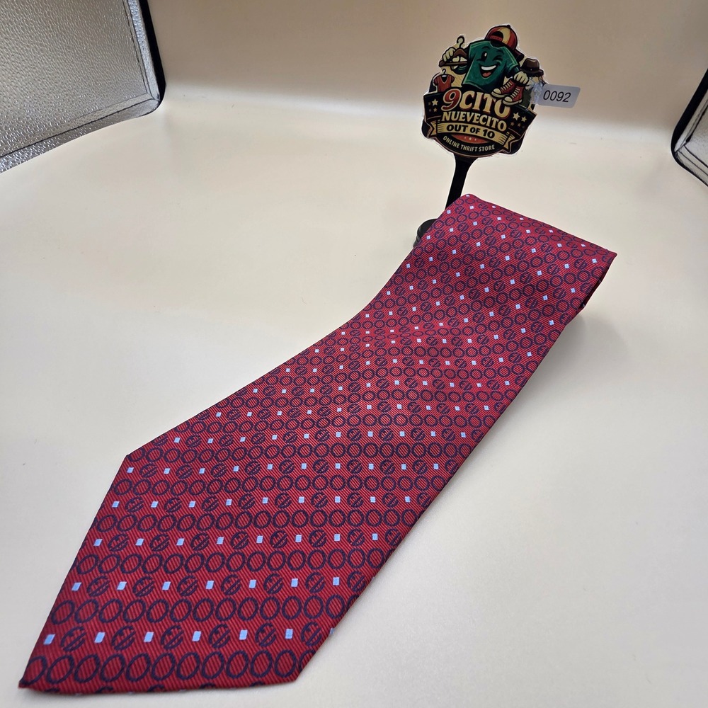 Eigenmann & Veronelli Mens Silk Tie Red Geometric Circles Squares Navy Blue